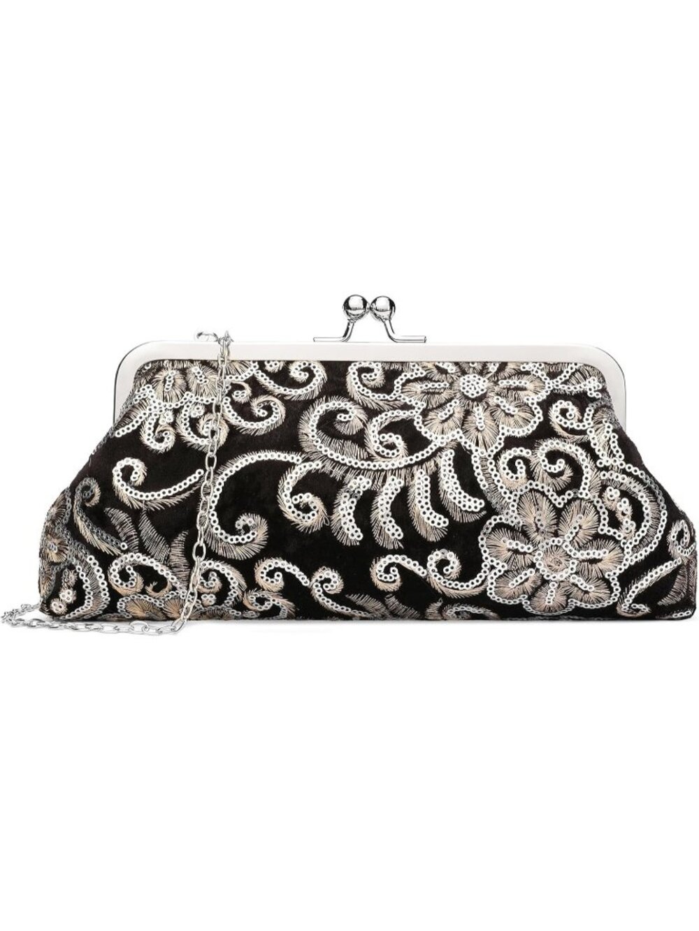 Women's Black Clutch Purse Elegant Floral Embroidery Sequin Evening Bags